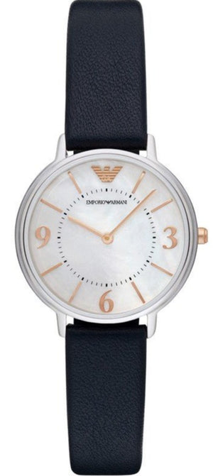 Emporio Armani Kappa White Mother of Pearl Dial Black Leather Strap Watch For Women - AR2509