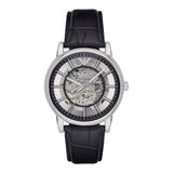 Emporio Armani Luigi Silver Skeleton Dial Black Leather Strap Watch For Men - AR1981