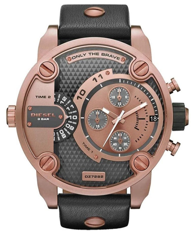 Diesel Little Daddy Black & Gold Dial Black Leather StrapWatch For Men - DZ7282