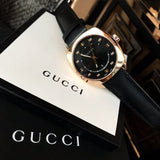 Gucci GG2570 Black Dial Black Leather Strap Watch For Men - YA142310