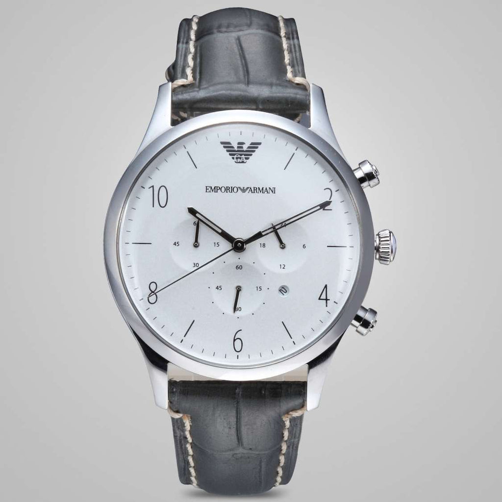 Emporio Armani Classic Chronograph Silver Dial Grey Leather Strap Watch For  Men