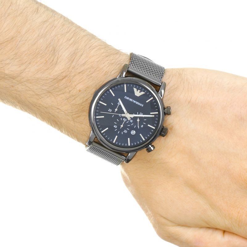 Gun Dial For Mesh Blue Metallic Bracelet Emporio Men Chronograph Armani Watch
