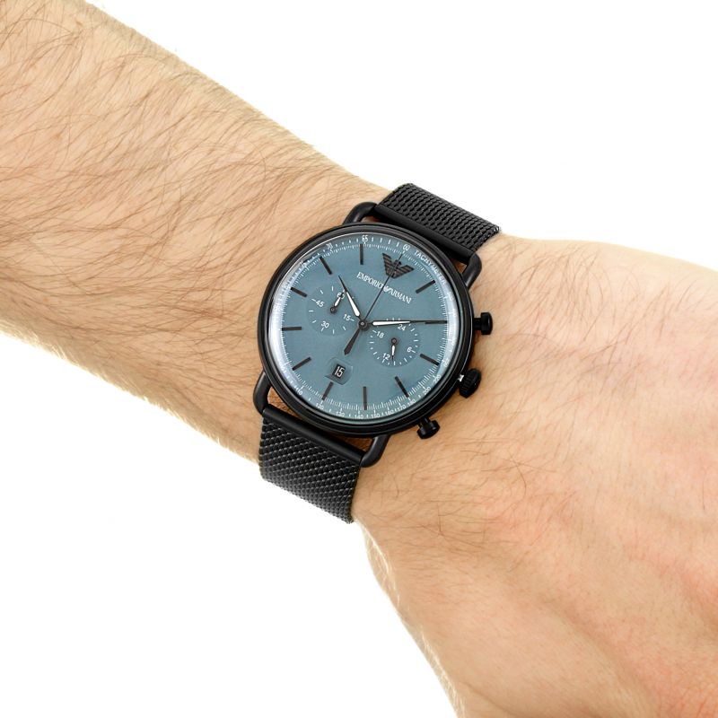Mesh Watch Bracelet Emporio Black Chronograph For Men Dial Aviator Armani Blue