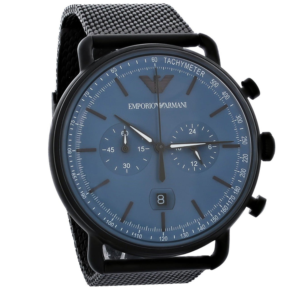 Aviator Dial For Black Watch Chronograph Bracelet Mesh Armani Emporio Blue Men