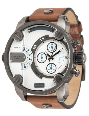 Diesel SBA Dual Time Chronograph White Dial Brown Leather Strap Watch For Men - DZ7269