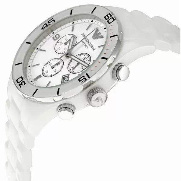 Emporio Armani Ceramic Chronograph White Dial White Ceramic Strap Watch For Men