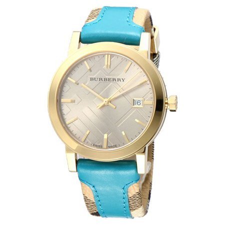 Burberry The City Gold Dial Turquoise Leather Strap Watch for Women - BU9018