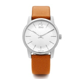 Calvin Klein City Silver Dial Light Brown Leather Strap Watch For Women- K2G23120