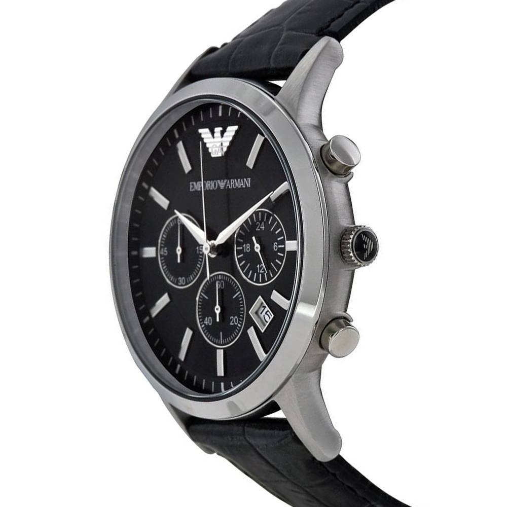 Chronograph Strap Emporio For Black Armani Leather Men Renato Black Watch Dial