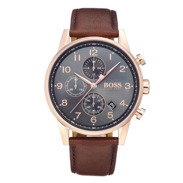 Hugo Boss Navigator Grey Dial Brown Leather Strap Watch for Men - 1513496