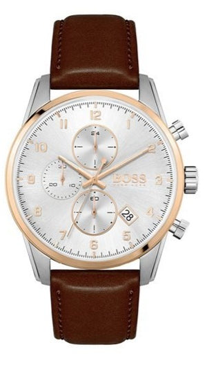 Hugo Boss Skymaster White Dial Brown Leather Strap Watch for Men - 1513786