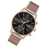 Hugo Boss Associate Black Dial Rose Gold Mesh Bracelet Watch for Men - 1513806