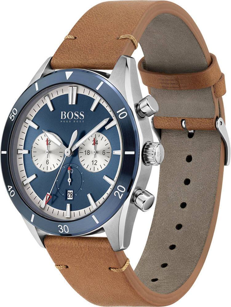 Leather for Strap Hugo Men Santiago Blue Watch Brown Boss Dial