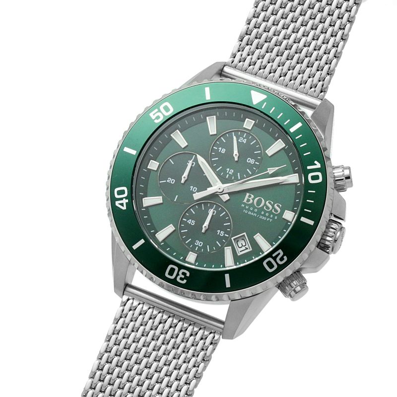 Hugo Boss Admiral Green Dial Silver Mesh Bracelet Watch for Men - 1513905
