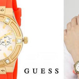 Guess Jet Setter Golden Dial Orange Rubber Watch For Women - W0564L2