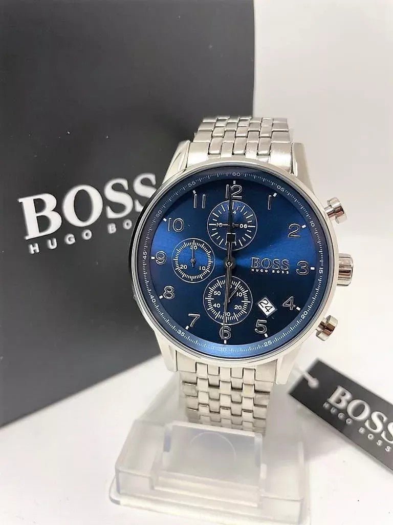 Hugo Boss Navigator Chronograph Blue Dial Silver Steel Strap Watch for Men