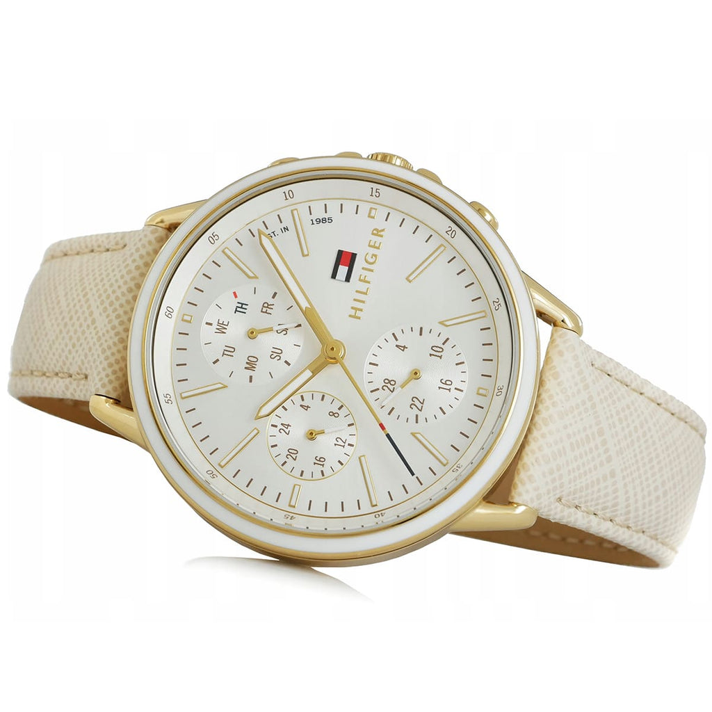Hilfiger Carly Silver Dial Cream Leather Strap Watch Women