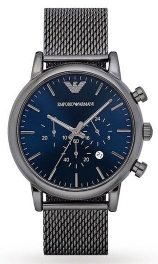 Emporio Armani Chronograph Blue Dial Gun Metallic Mesh Bracelet