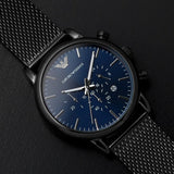 Emporio Armani Chronograph Blue Dial Gun Metallic Mesh Bracelet Watch For Men - AR1979