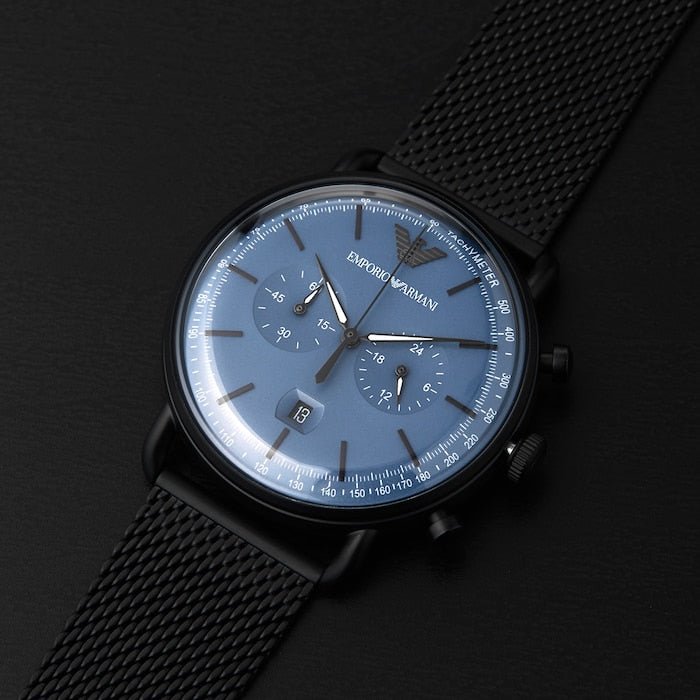 Emporio Armani Blue Dial For Watch Men Aviator Black Bracelet Mesh Chronograph