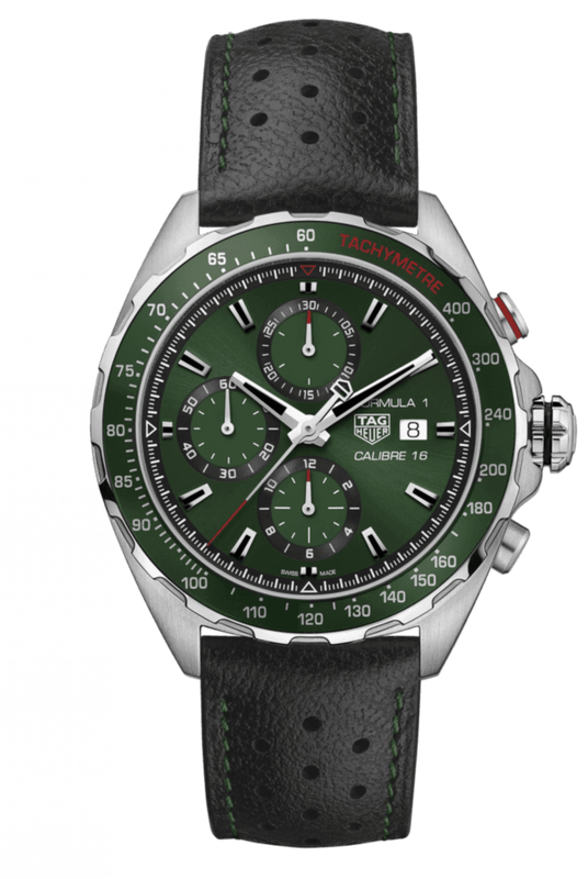 Tag Heuer Formula 1 Calibre 16 Automatic Chronograph Green Dial Black  Leather Strap Watch for Men Watch for Men