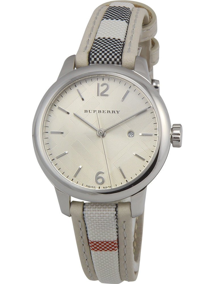 Burberry The Classic Silver Guilloche Dial Leather Strap Watch for Women - BU10113