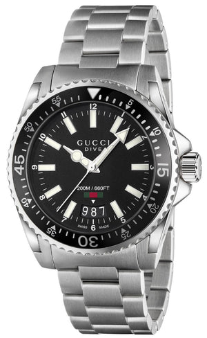 Gucci Dive Quartz Black Dial Silver Steel Strap Watch For Men - YA136301