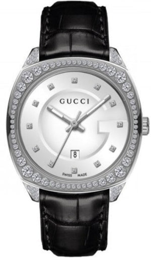 Gucci GG2570 Diamonds Silver Dial Black Leather Strap Watch For Women - YA142507