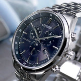 Citizen Eco Drive Chronograph Blue Dial Silver Steel Strap Watch For Men - AT2140-55L