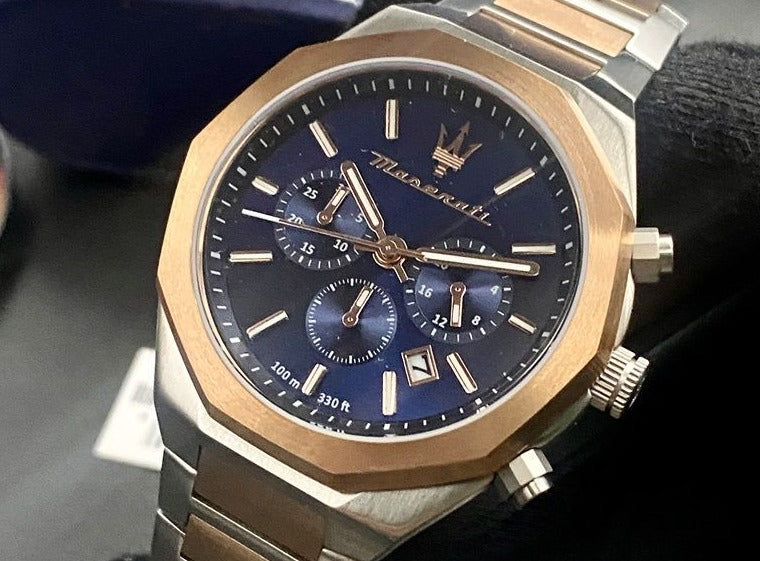 Men Rose Tone Dial Gold Watch Blue Chronograph For Strap Stile Maserati Two