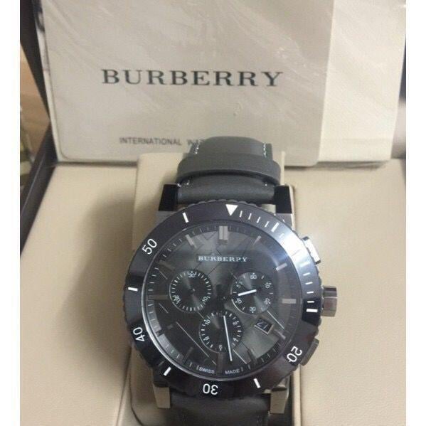 Burberry The City Chronograph Ion Plated Grey Dial Grey Leather Strap Watch for Men - BU9384