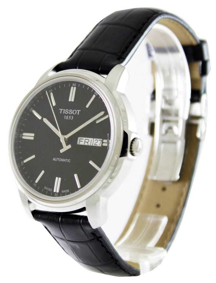 Tissot Automatics III Day Date Black Dial Black Leather Strap