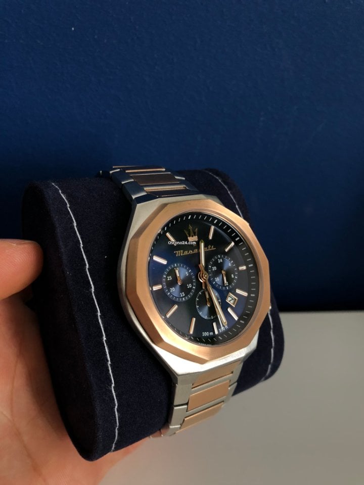 Maserati Stile Chronograph For Rose Dial Strap Two Watch Tone Blue Gold Men