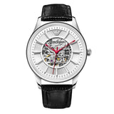 Emporio Armani Meccanico Silver Skeleton Dial Black Leather Watch For Men - AR1997