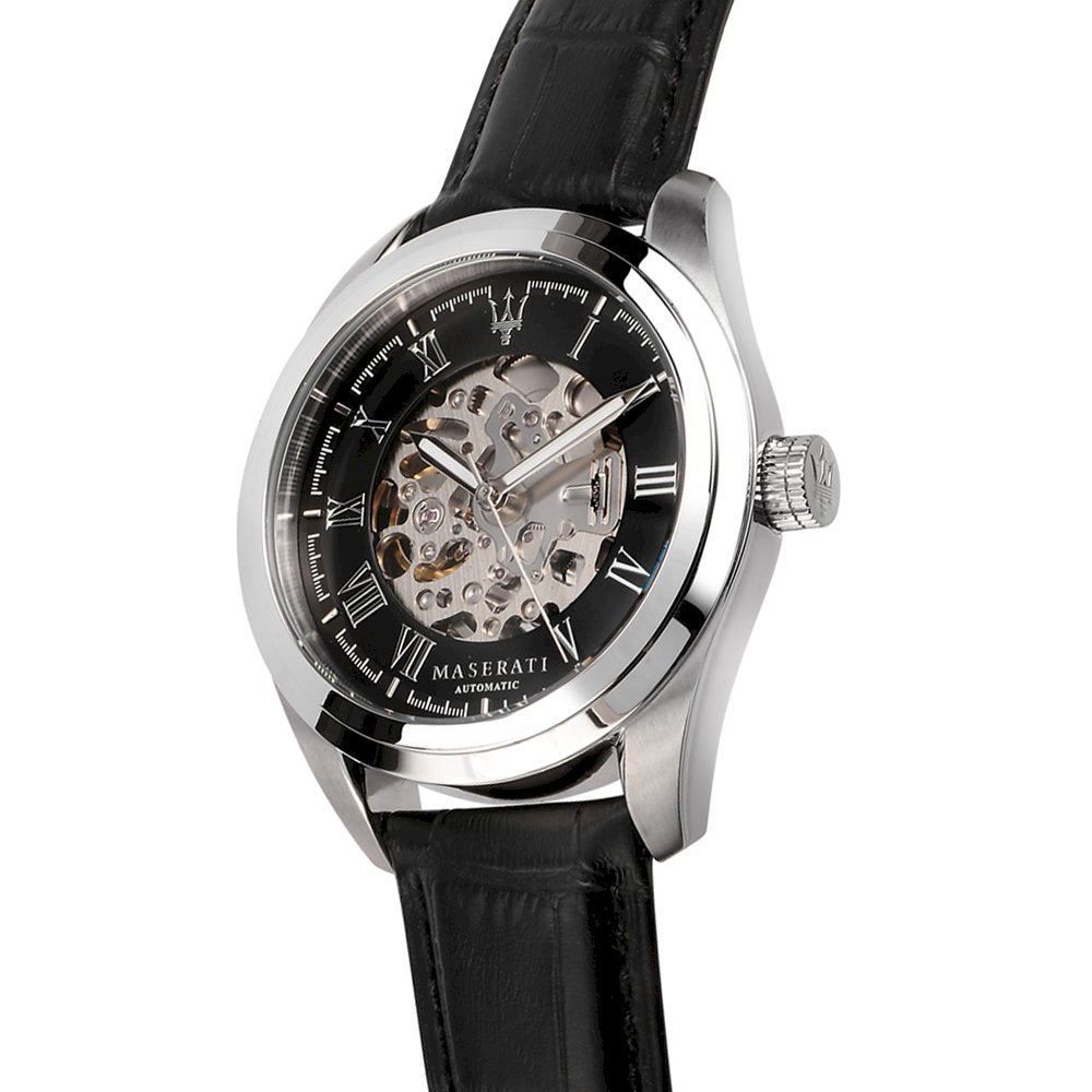 Maserati Traguardo Automatic Black Dial Black Leather Strap Watch For Men - R8871612001