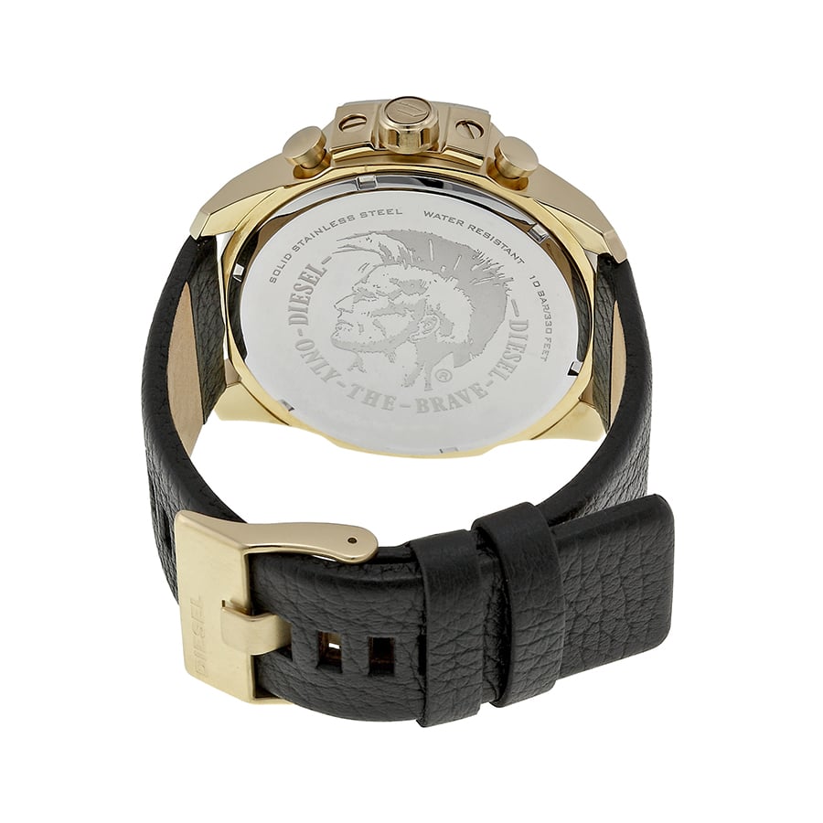 Diesel Mega Chief Gold & Black Dial Black Leather Strap Watch For Men
