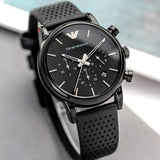 Emporio Armani Luigi Chronograph Black Dial Black Leather Strap Watch For Men - AR1737