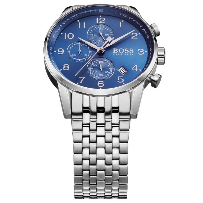 Hugo Men Navigator Blue Watch Silver Steel Chronograph Dial for Boss Strap