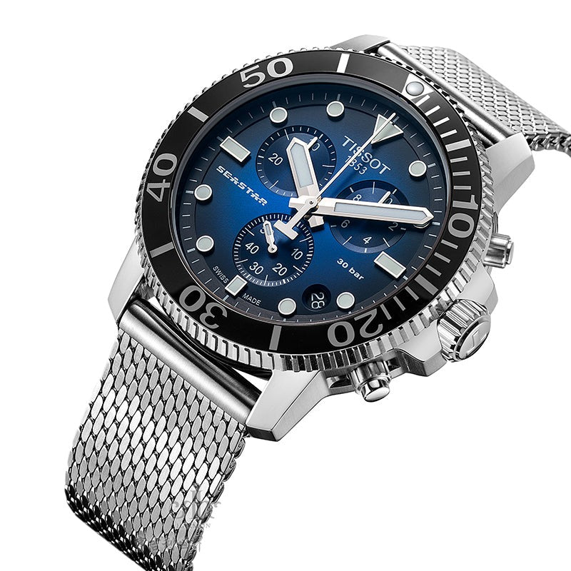 Tissot Seaster 1000 Chronograph Blue Dial Silver Mesh Bracelet Watch For Men - T120.417.11.041.02