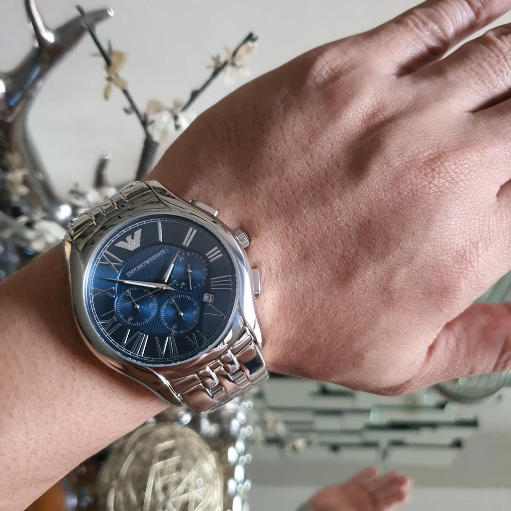 Armani silver watch blue discount face