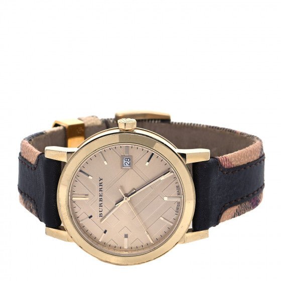 Burberry The City Gold Dial Black Leather Strap Watch for Men - BU9032