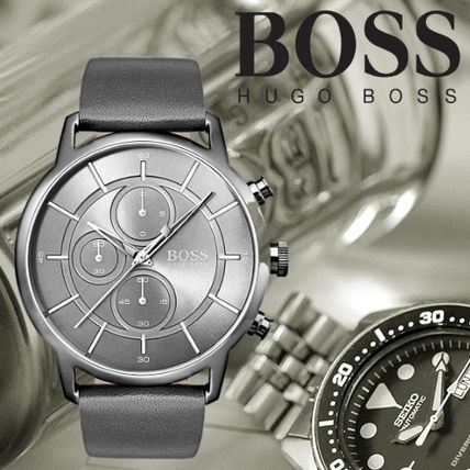 Hugo Boss Architectural Grey Dial Grey Leather Strap Watch for Men - 1513570