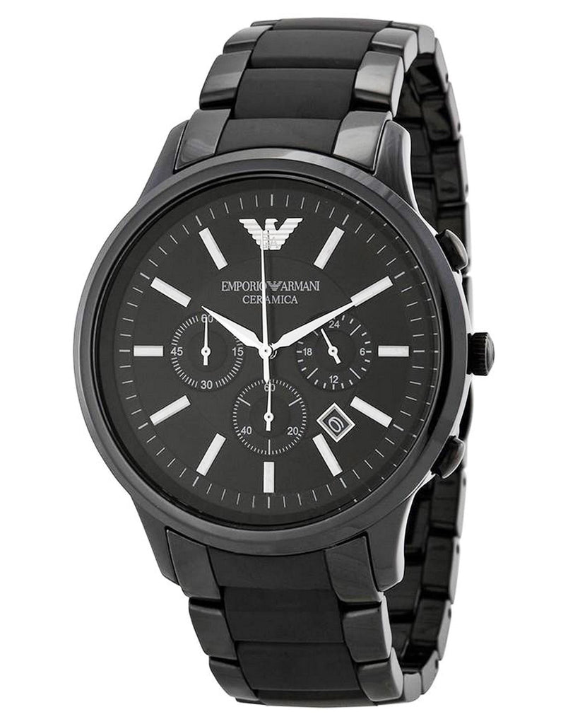 Emporio Armani Ceramica Chronograph Black Dial Black Stainless Steel Watch  For Men