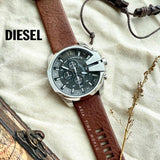 Diesel Mega Chief Black & Silver Round Dial Brown Leather Strap Watch For Men - DZ4290