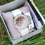 Guess Confetti Crystal Black Dial White Silicone Strap Watch For Women - W1098L1