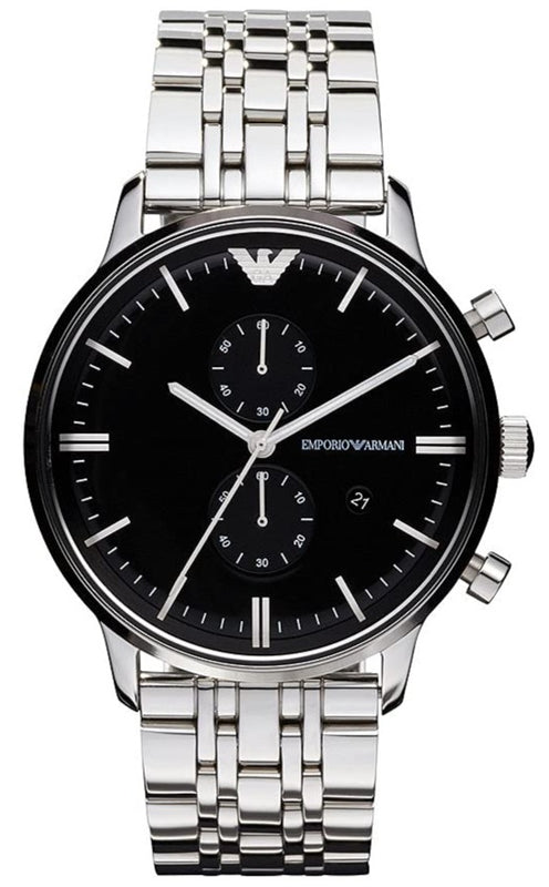 Emporio Armani Chronograph Black Dial Silver Steel Strap Watch For Men -  AR0389