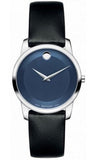 Movado Museum Blue Dial Black Leather Strap Watch For Women - 0606611