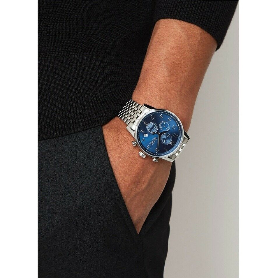 Hugo Boss Navigator Chronograph Blue Watch Men Steel Silver Strap Dial for