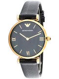 Emporio Armani Gianni T Bar Black Mother of Pearl Dial Black Leather Strap Watch For Women - AR11060