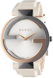 Gucci Interlocking 18K Gold Silver Dial White Leather Strap Watch For Women - YA133303